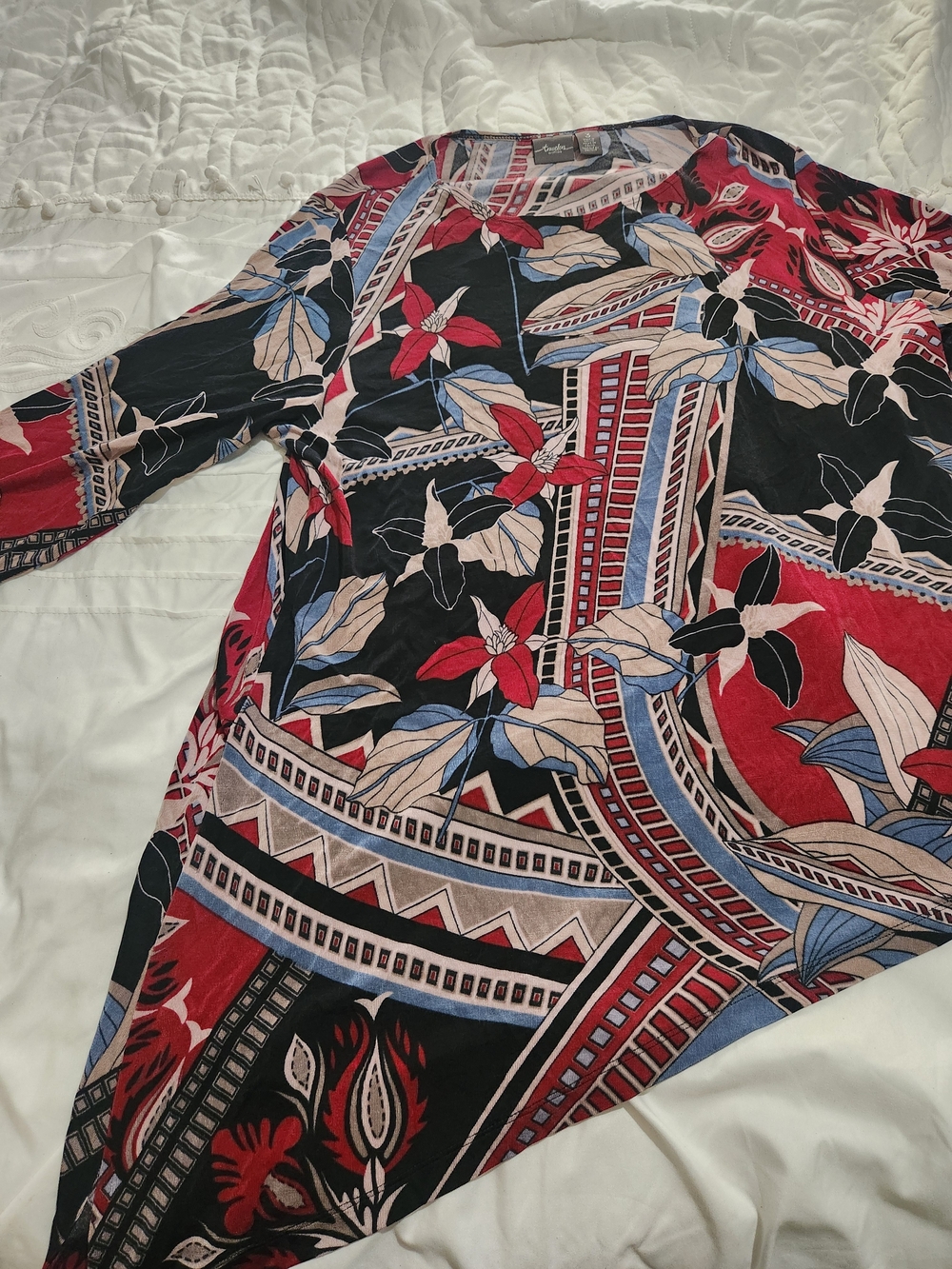 Travelers By Chico's Asymmetrical Floral Geo Print Dress in Red & Black